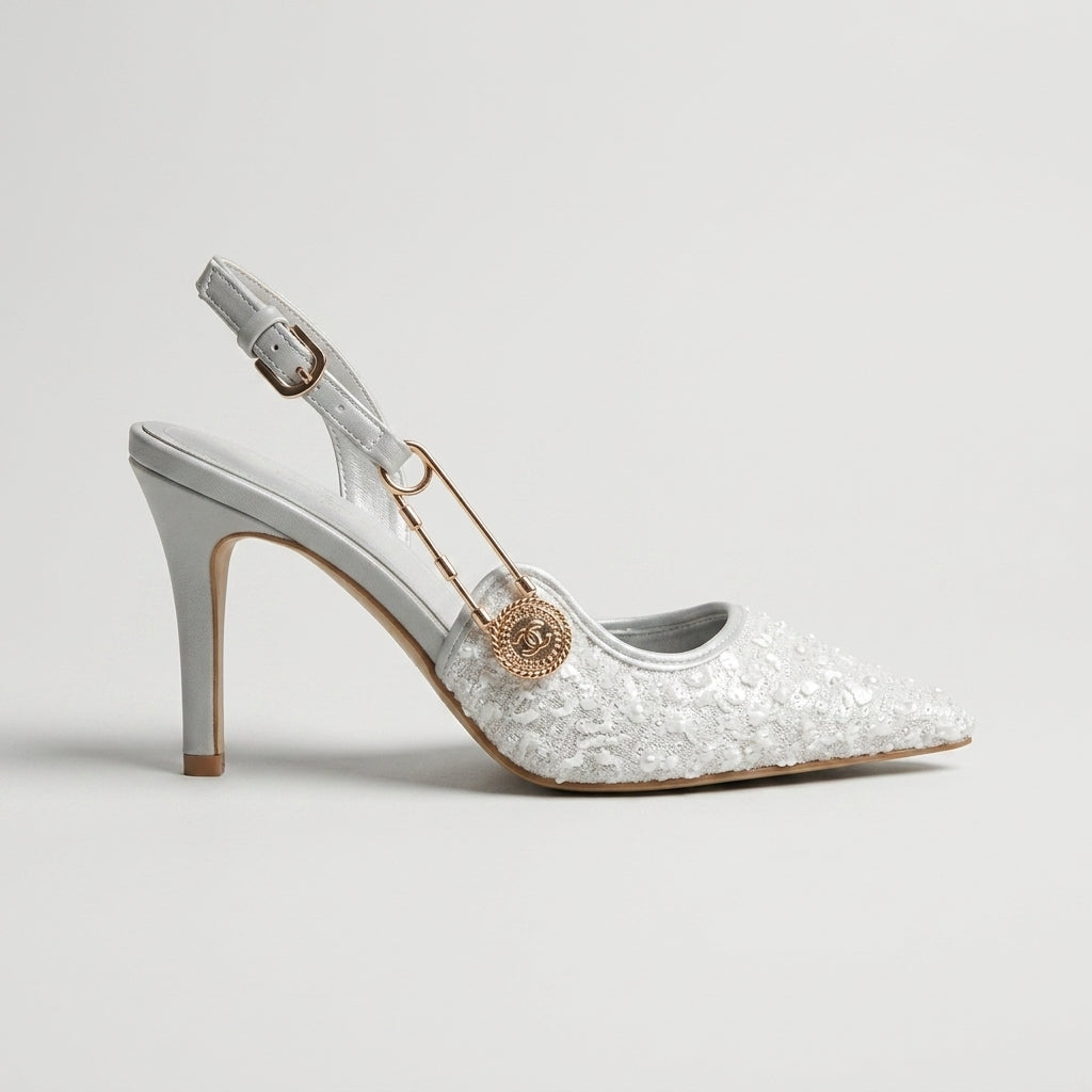 Women's Stiletto Heels - Pointed Toe - Sequin Upper - Slingback Buckle Strap