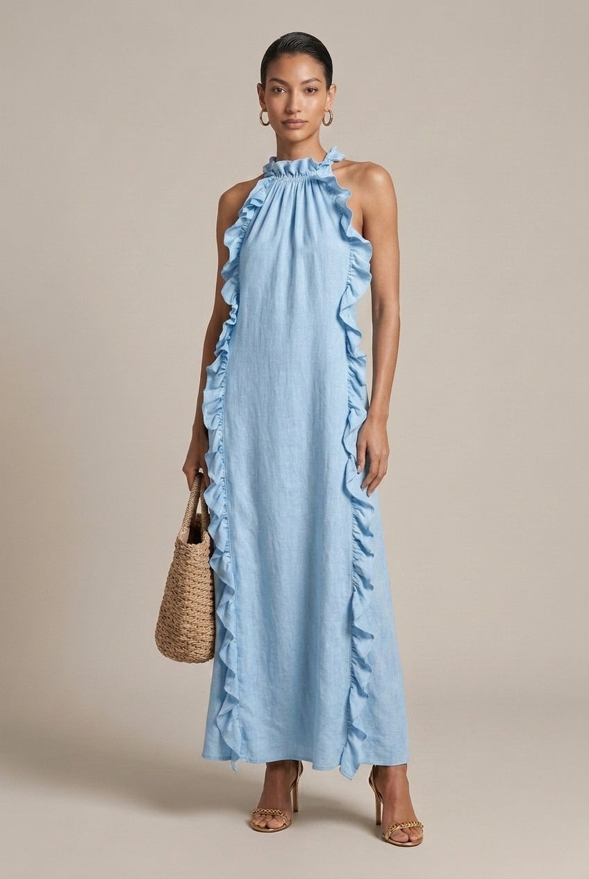 Women's Linen Blend Halter Neck Maxi Dress