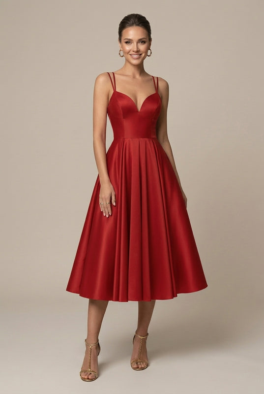 Women's V-Neck Midi Dress - Flowy A-Line Skirt - Double Strap