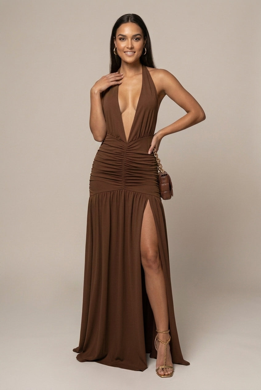 Women's Halter Neck Maxi Dress Plunge Ruched