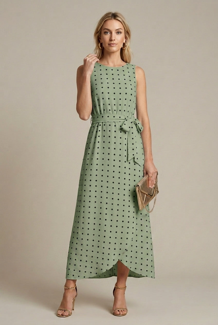 Women's Polka Dot Midi Dress Sleeveless Belted