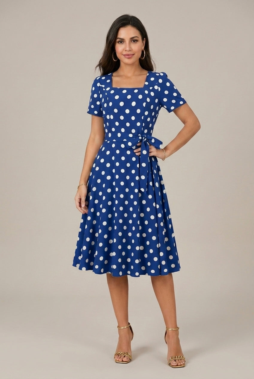 Women's Midi Dress Polka Dot Wrap Square Neck Short Sleeve