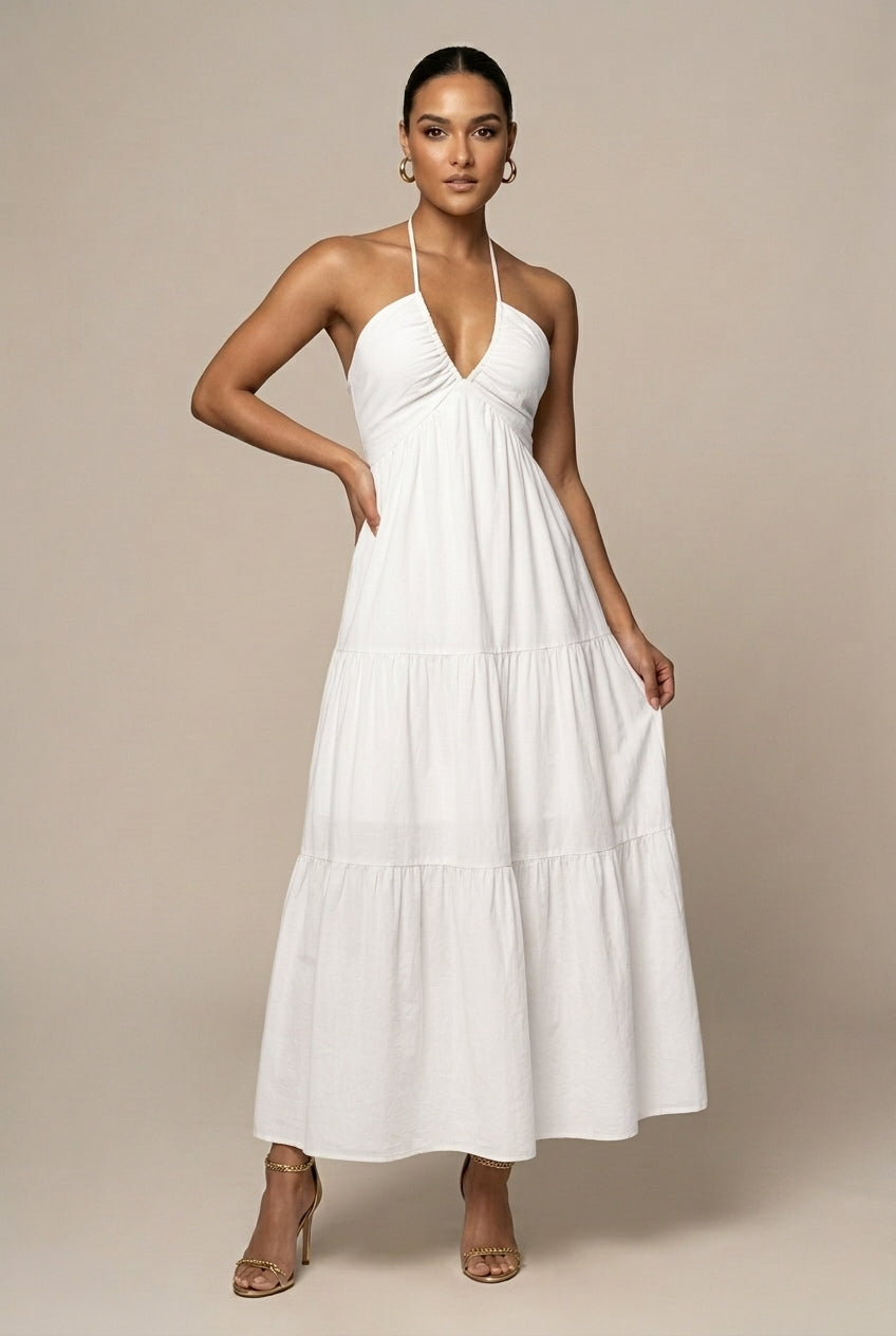 Women's Halter Neck Maxi Dress - Flowy Tiered Skirt with Bow Back