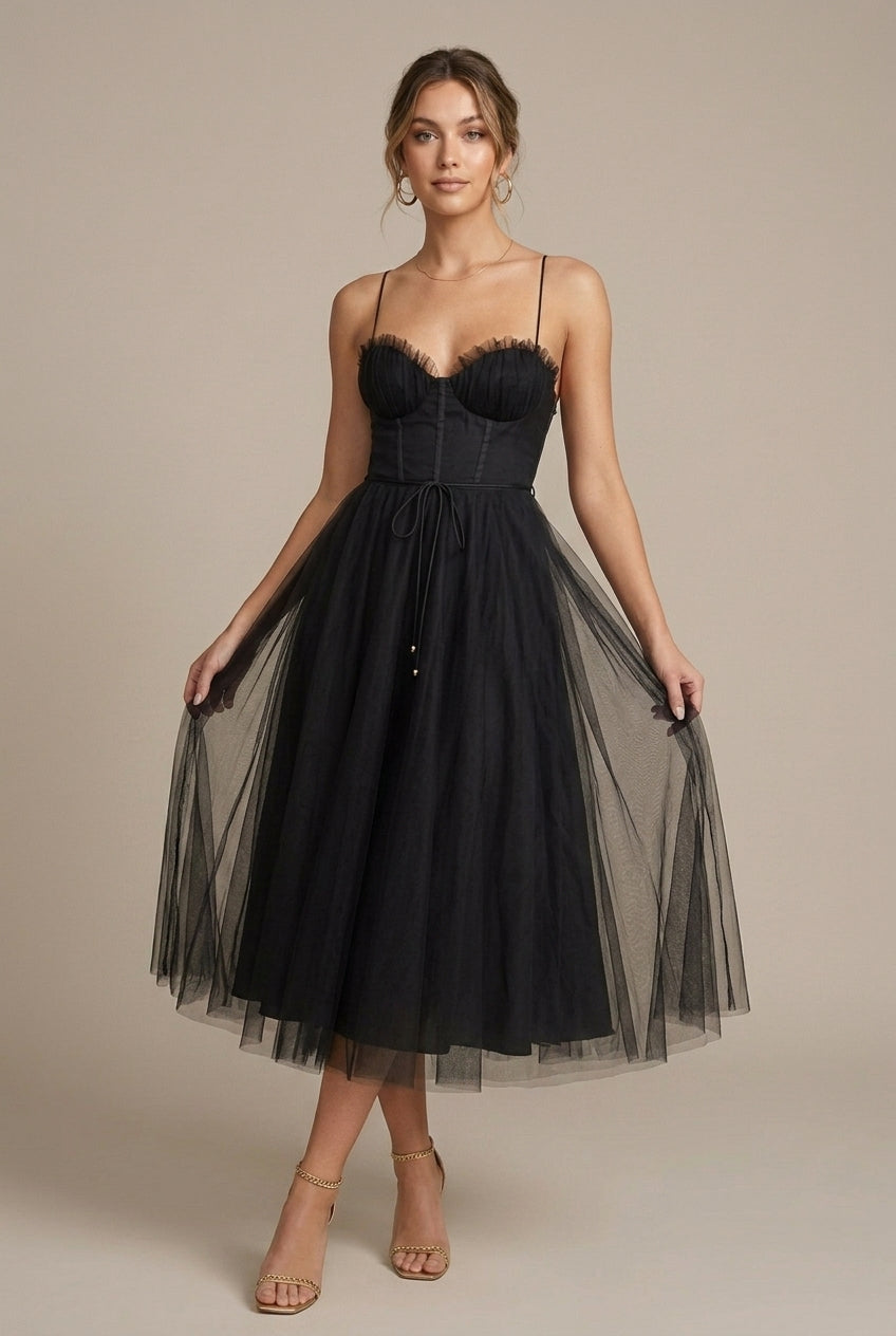 Women's Tulle Midi Dress Corset Bodice Sweetheart Neck