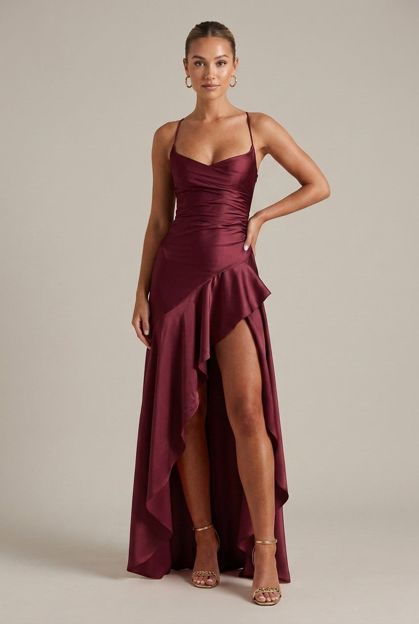 Women's Satin Maxi Dress Cowl Neck High Slit