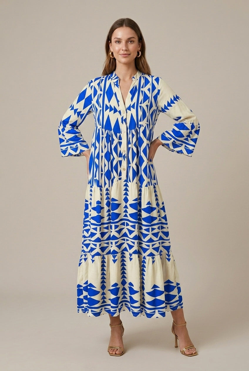 Women's Geometric Print Maxi Dress Tiered V-Neck