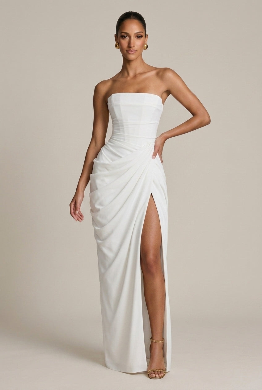 Women's Strapless Ruched Side Slit Maxi Dress