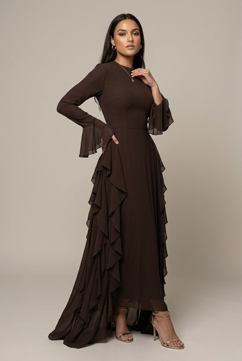 Women's High Neck Long Sleeve Ruffle Smock Maxi Dress
