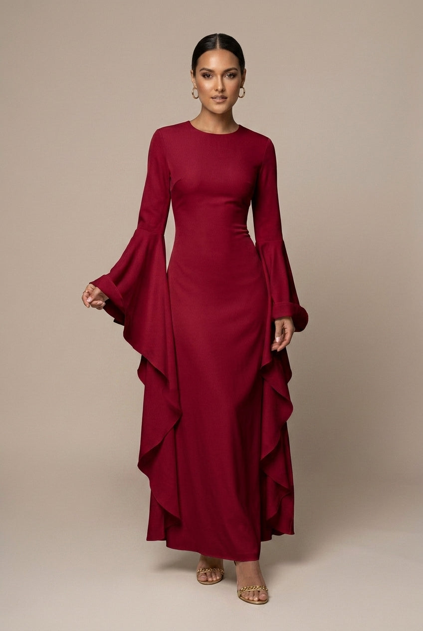 Damen-Maxikleid mit Rundhalsausschnitt und dramatisch ausgestellten Ärmeln