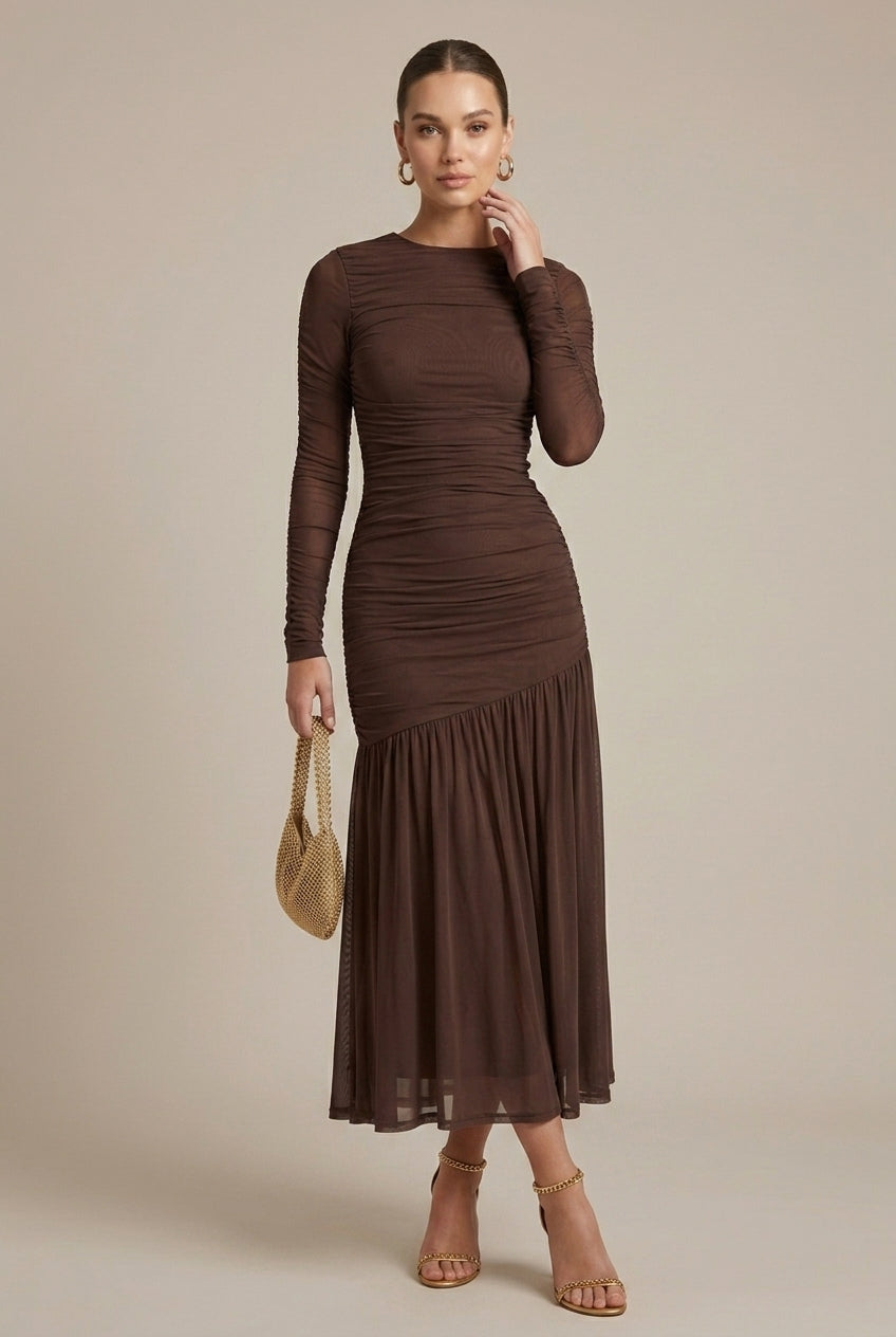 Women's Long Sleeve Ruched Drop Waist Midi Dress - Crew Neck