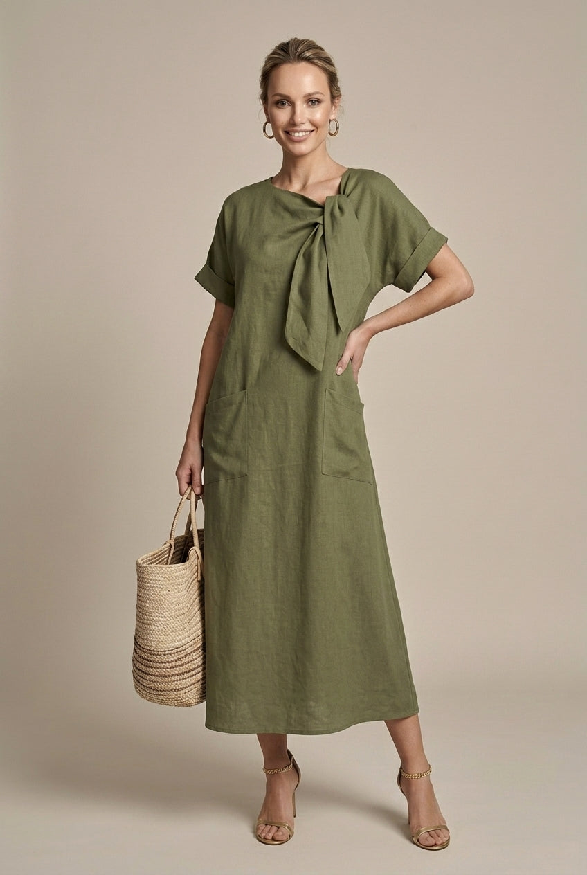 Women's Linen Maxi Dress Tie Front