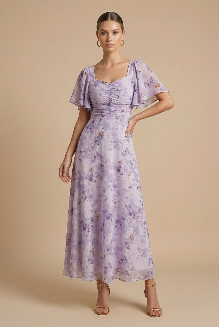 Women's Floral Maxi Dress with Square Neck - Flutter Sleeves and Ruched Bodice