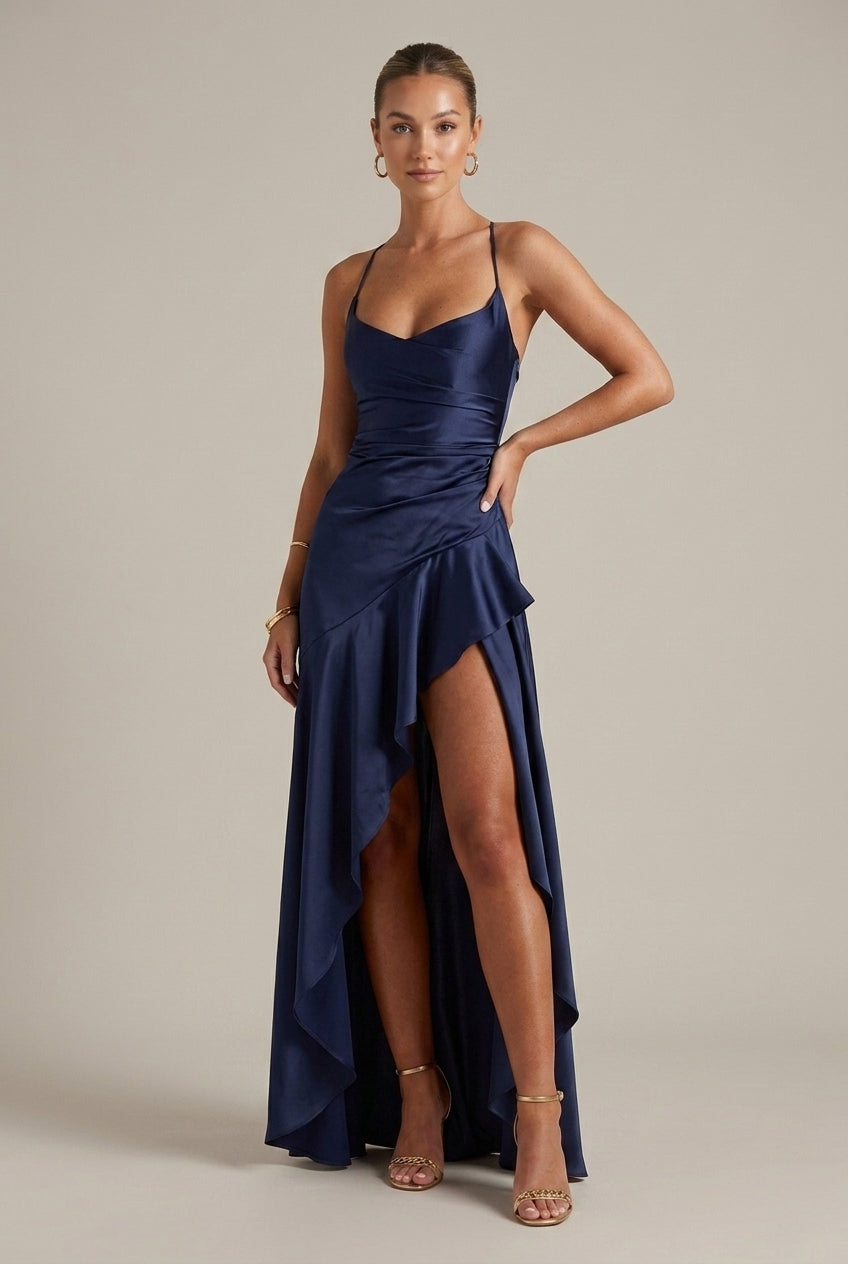 Women's Satin Maxi Dress Cowl Neck High Slit