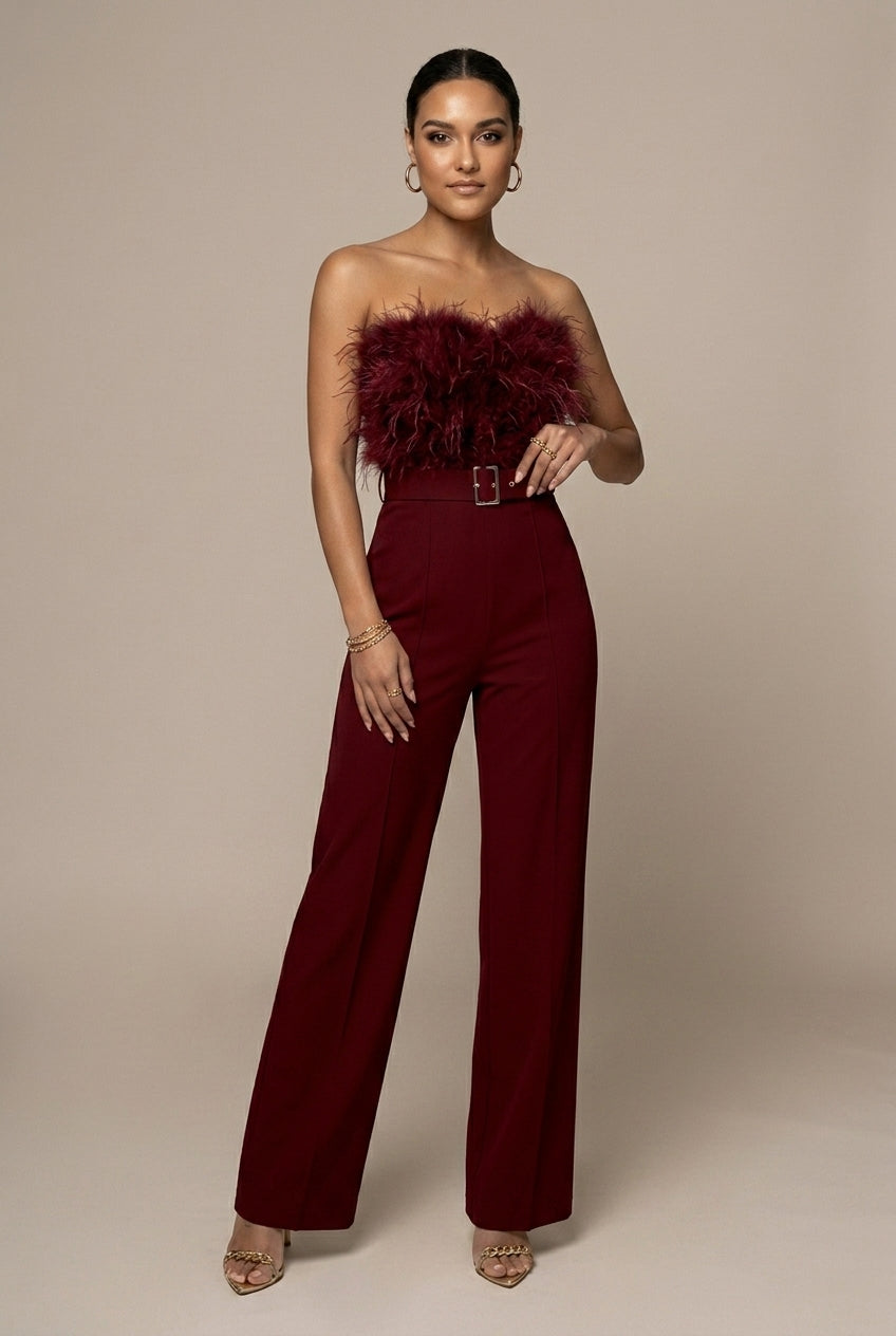 Women's Strapless Feather Detail Belted Wide Leg Jumpsuit