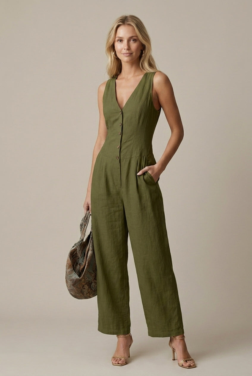 Women's Sleeveless V-Neck Button Front Wide Leg Jumpsuit