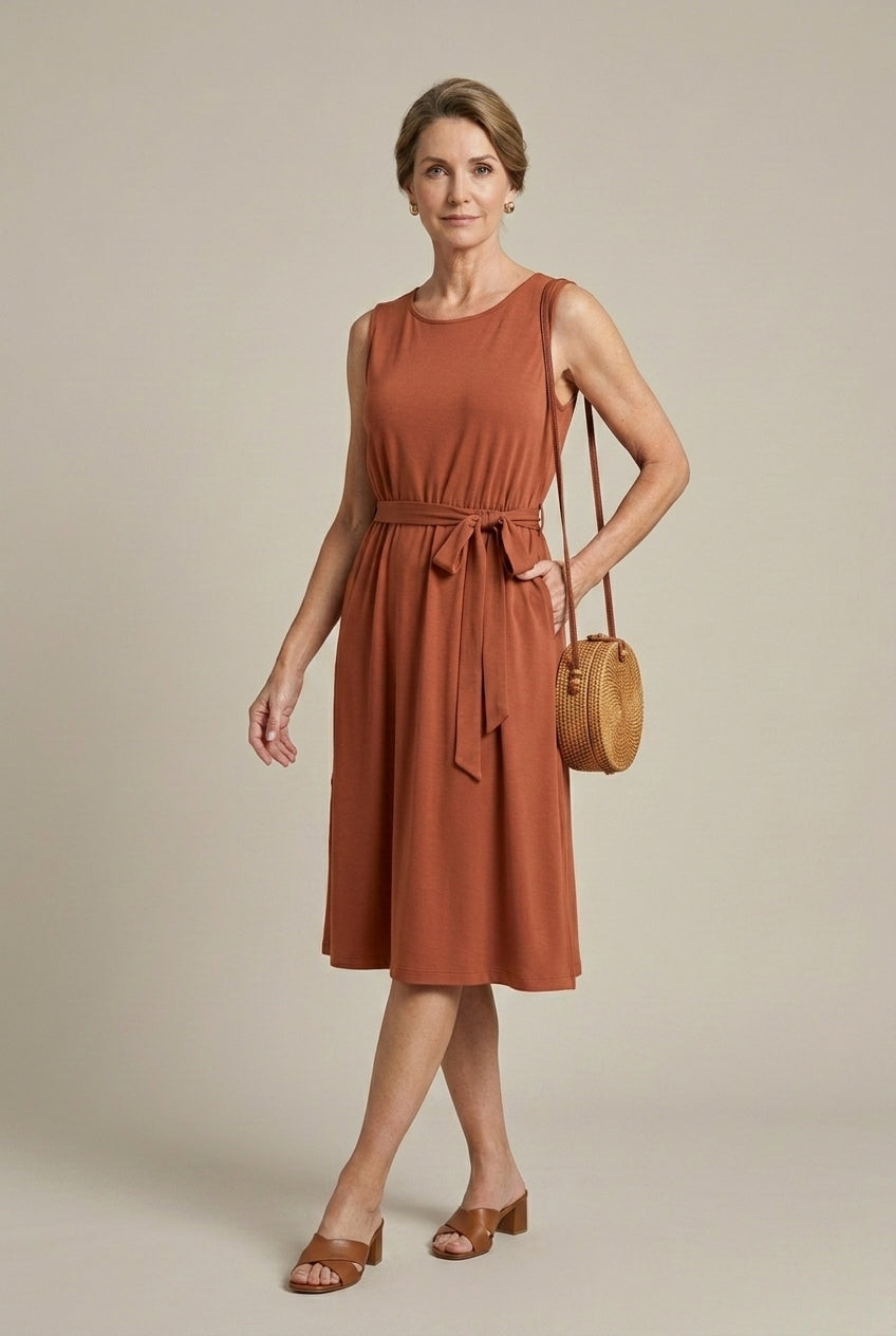 Women's Sleeveless Belted Midi Dress with Side Slit - Summer Dress