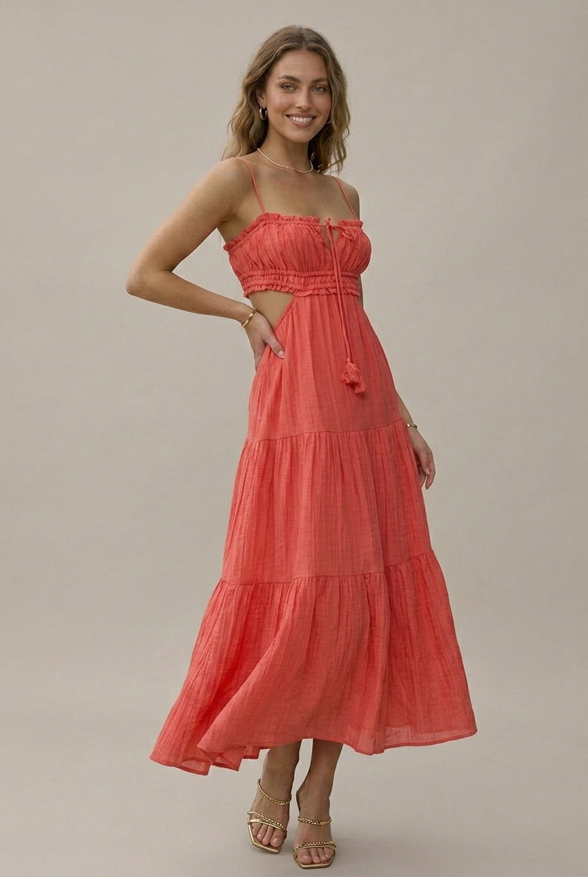 Women's Spaghetti Strap Cutout Tiered Maxi Dress - Tassel Tie