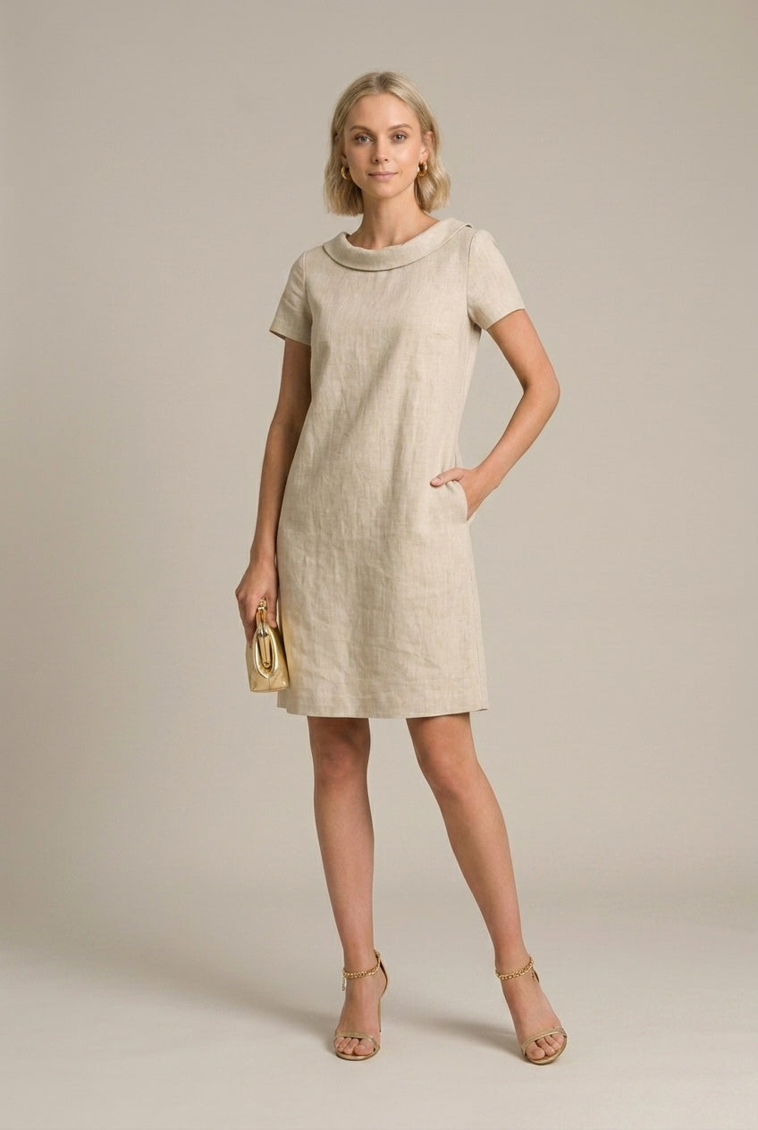 Women's Linen Midi Dress Cowl Neck