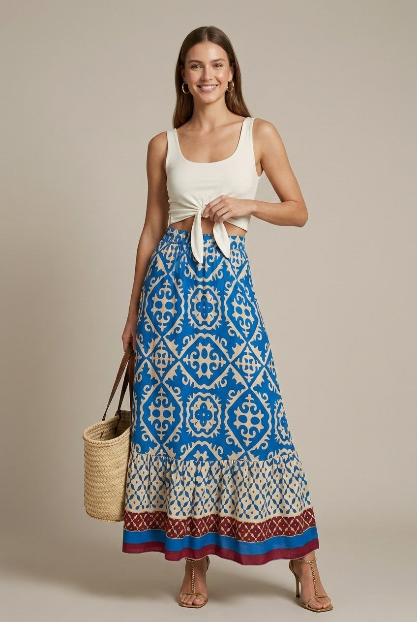 Women's Printed Tiered Maxi Skirt with Elasticated Waist