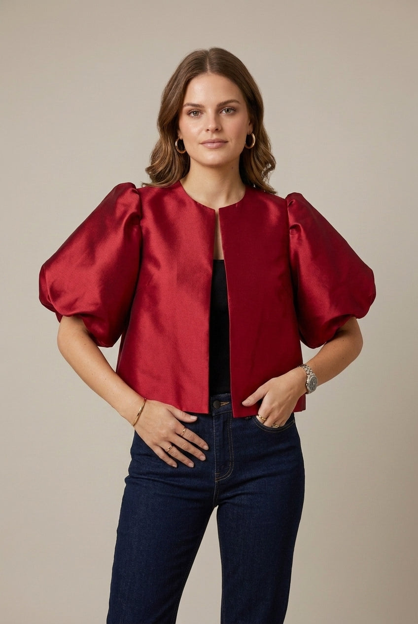 Women's Satin Puff Sleeve Cropped Blazer - Button Front Jacket