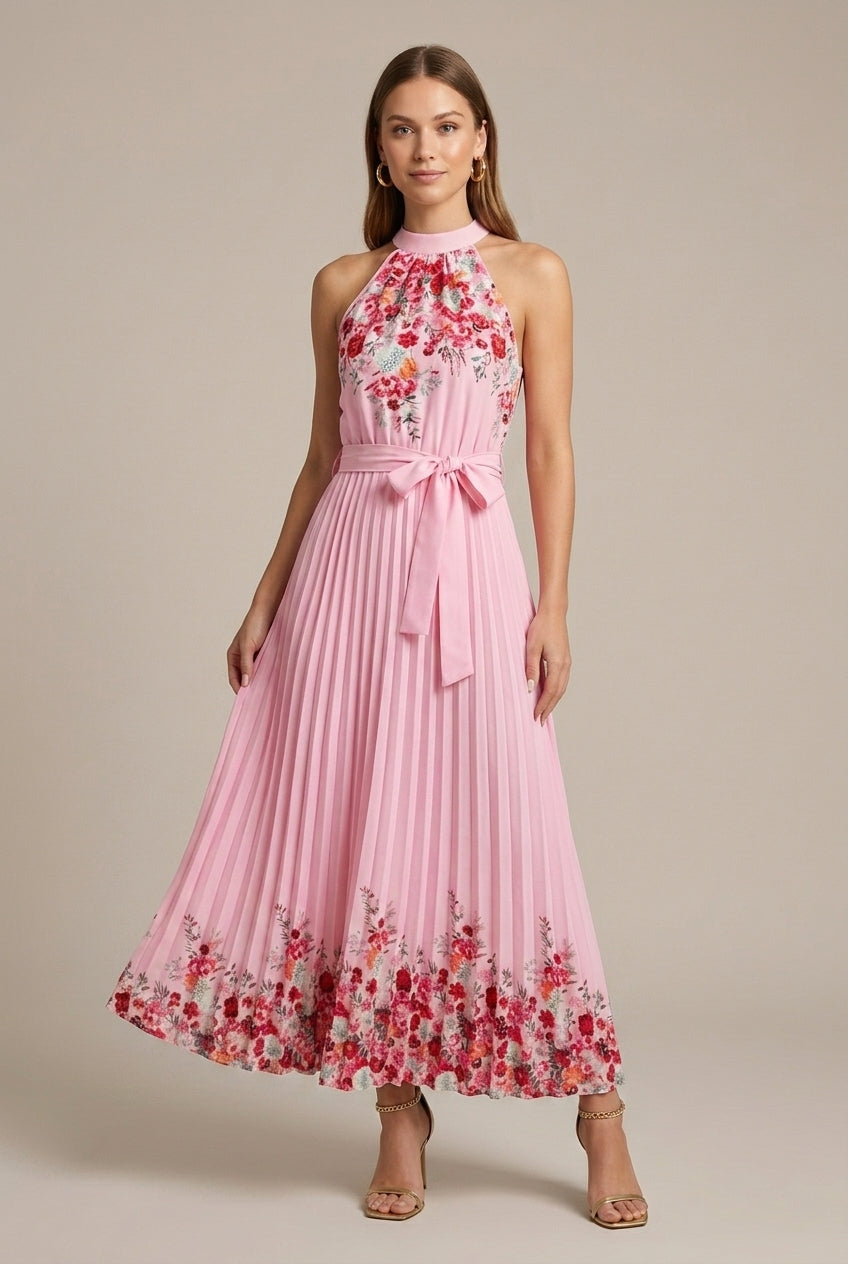 Women's Floral Print Pleated Maxi Dress - Sleeveless Tie Waist