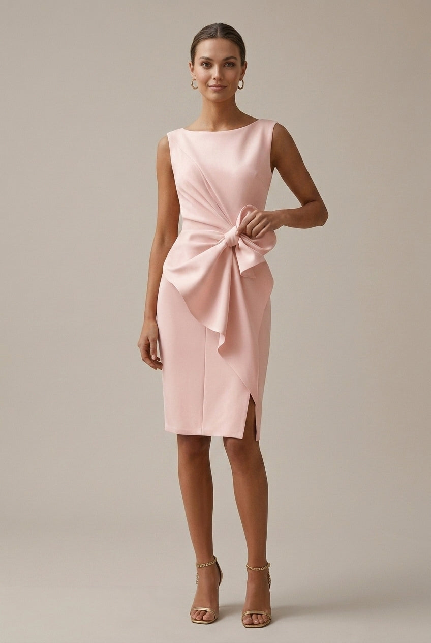 Women's Satin Bodycon Midi Dress - Bow Wrap Design