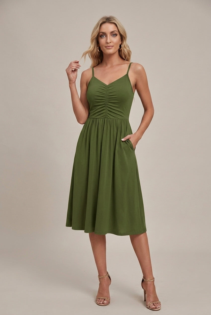 Women's Sleeveless Ruched Bodice V-Neck Midi Dress