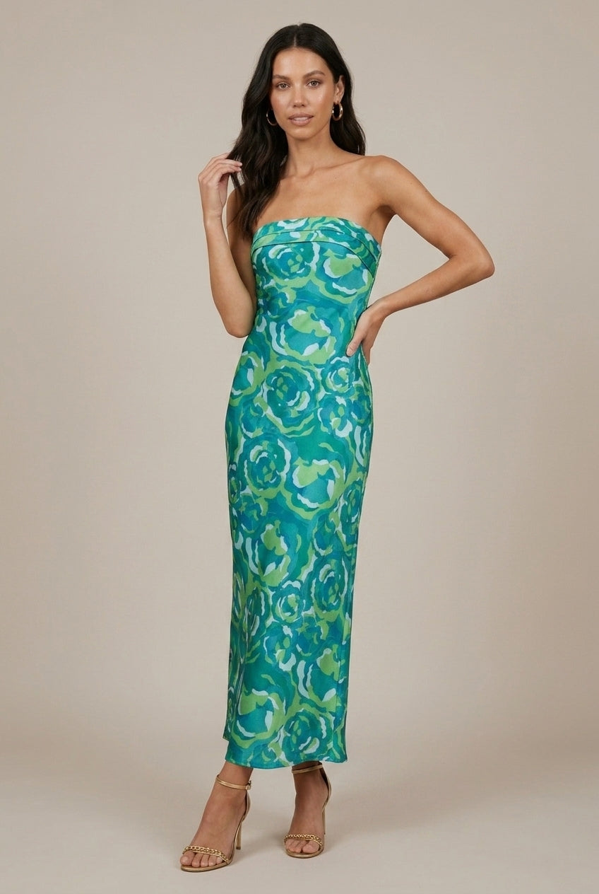 Women's Satin Strapless Maxi Dress Open Back