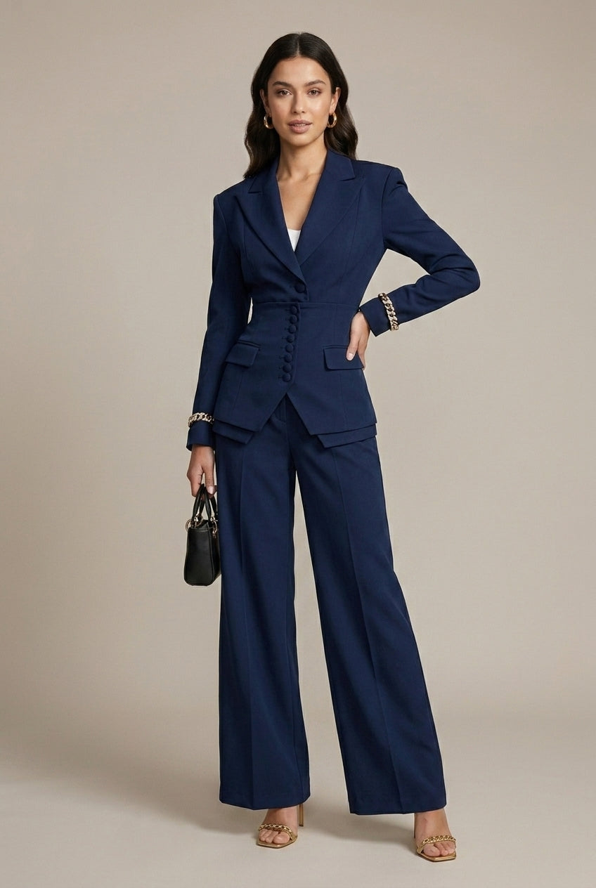 Women's Notched Lapel Blazer Wide Leg Pant Suits Set - Side Button