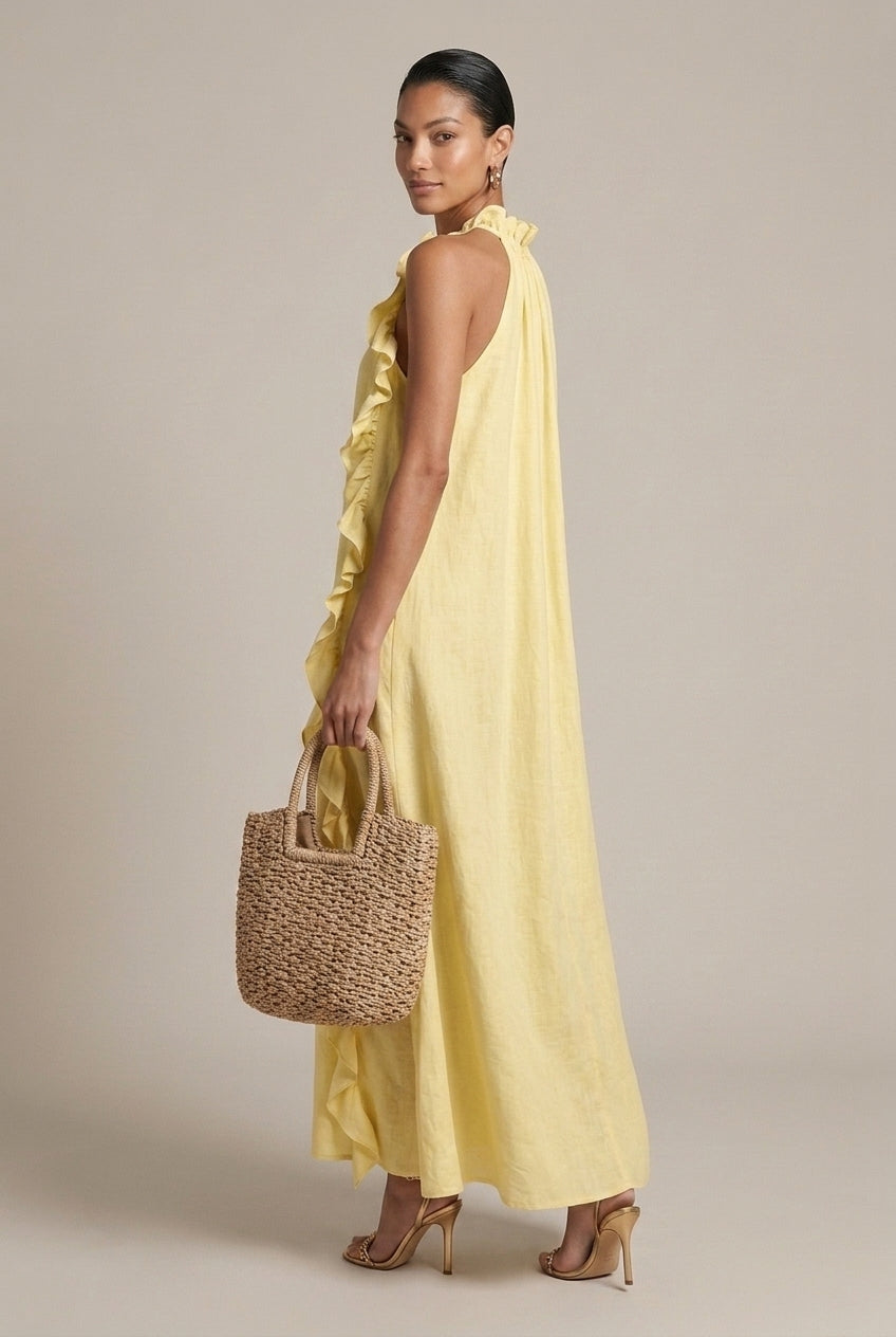 Women's Linen Blend Halter Neck Maxi Dress