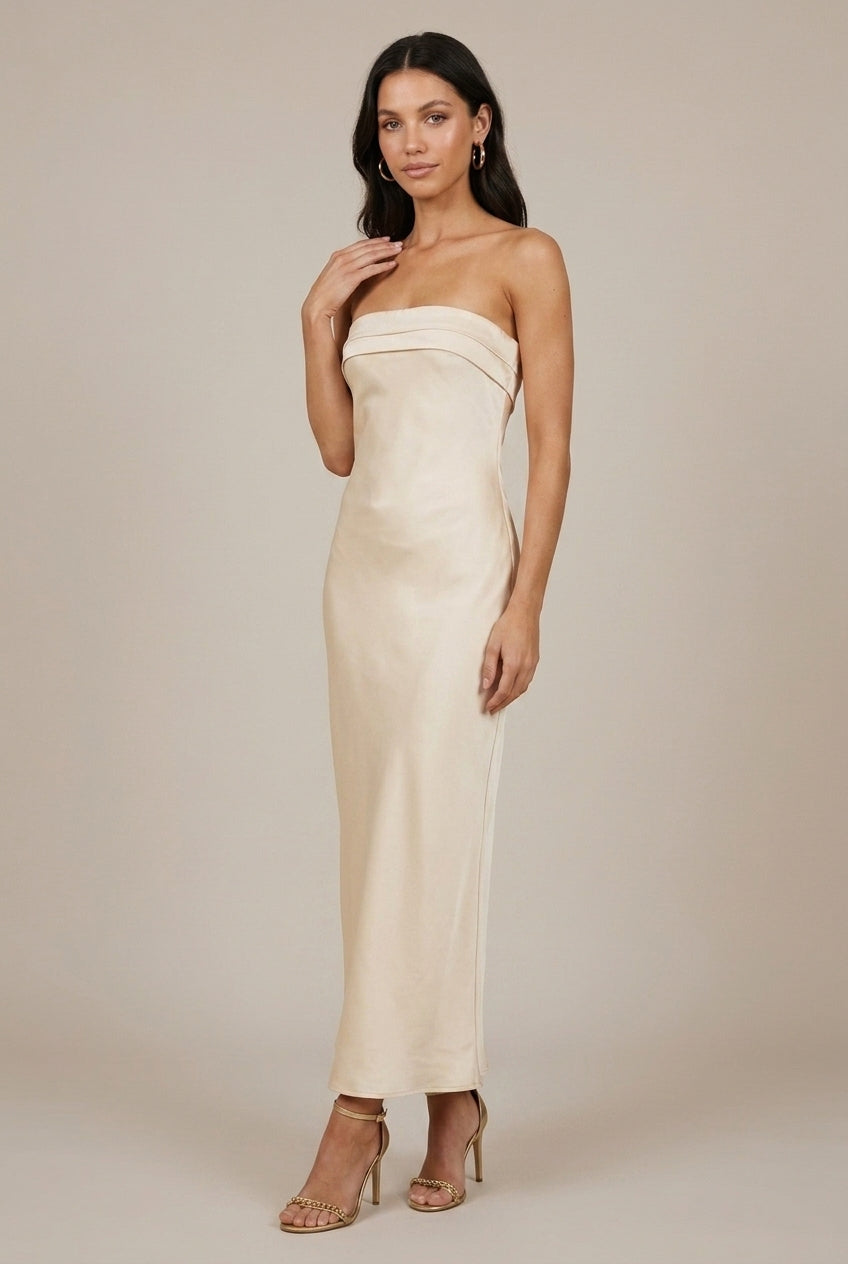 Women's Satin Strapless Maxi Dress Open Back