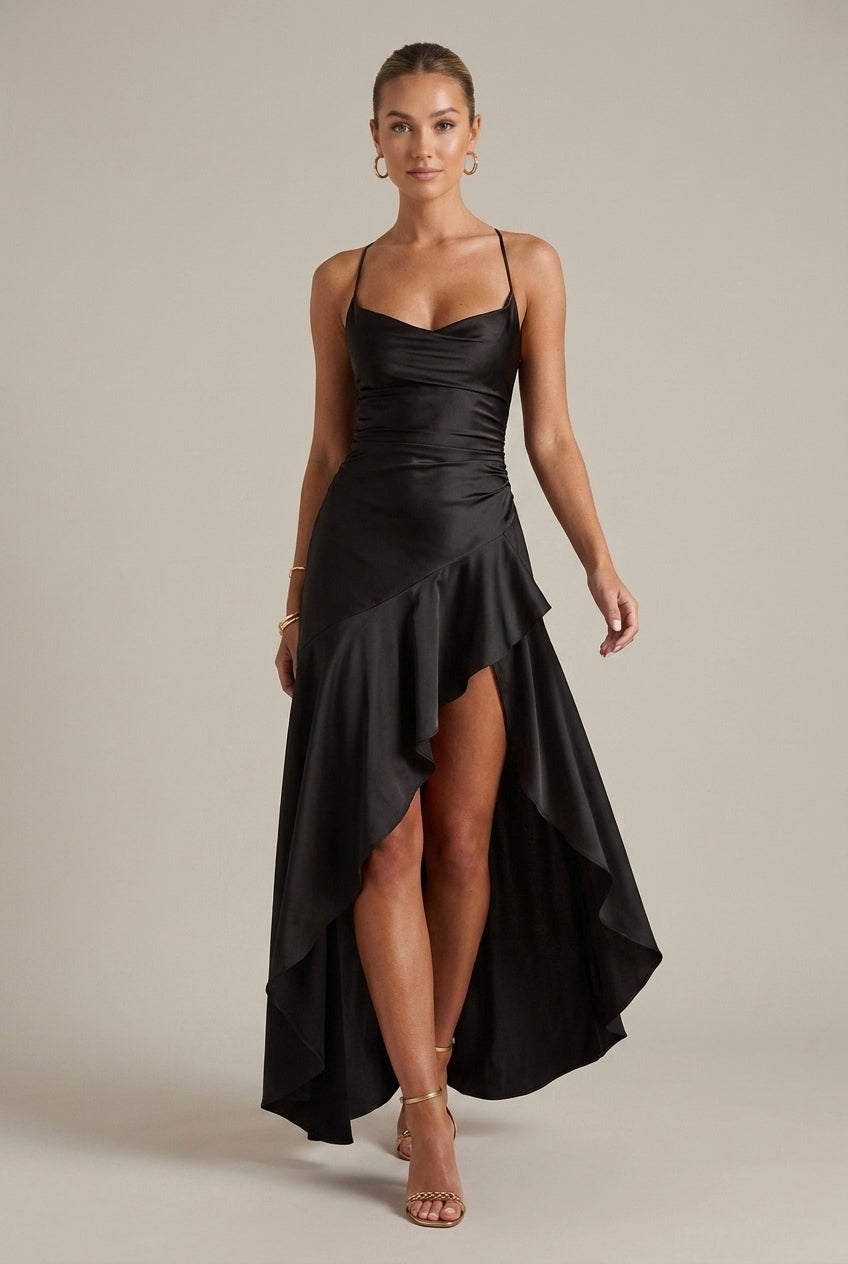 Women's Satin Maxi Dress Cowl Neck High Slit