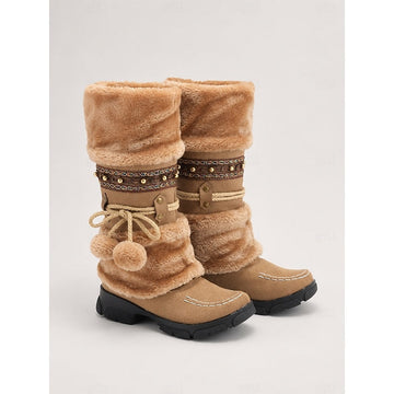 Slip On Mid Calf Boots with Faux Fur Cuff and Braided Pom Pom Trim