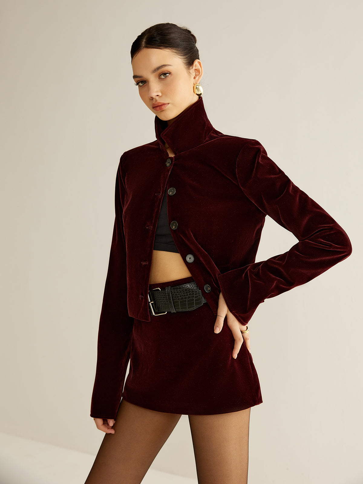 Velvet Top with Long Sleeves and Hip Length, Regular Fit