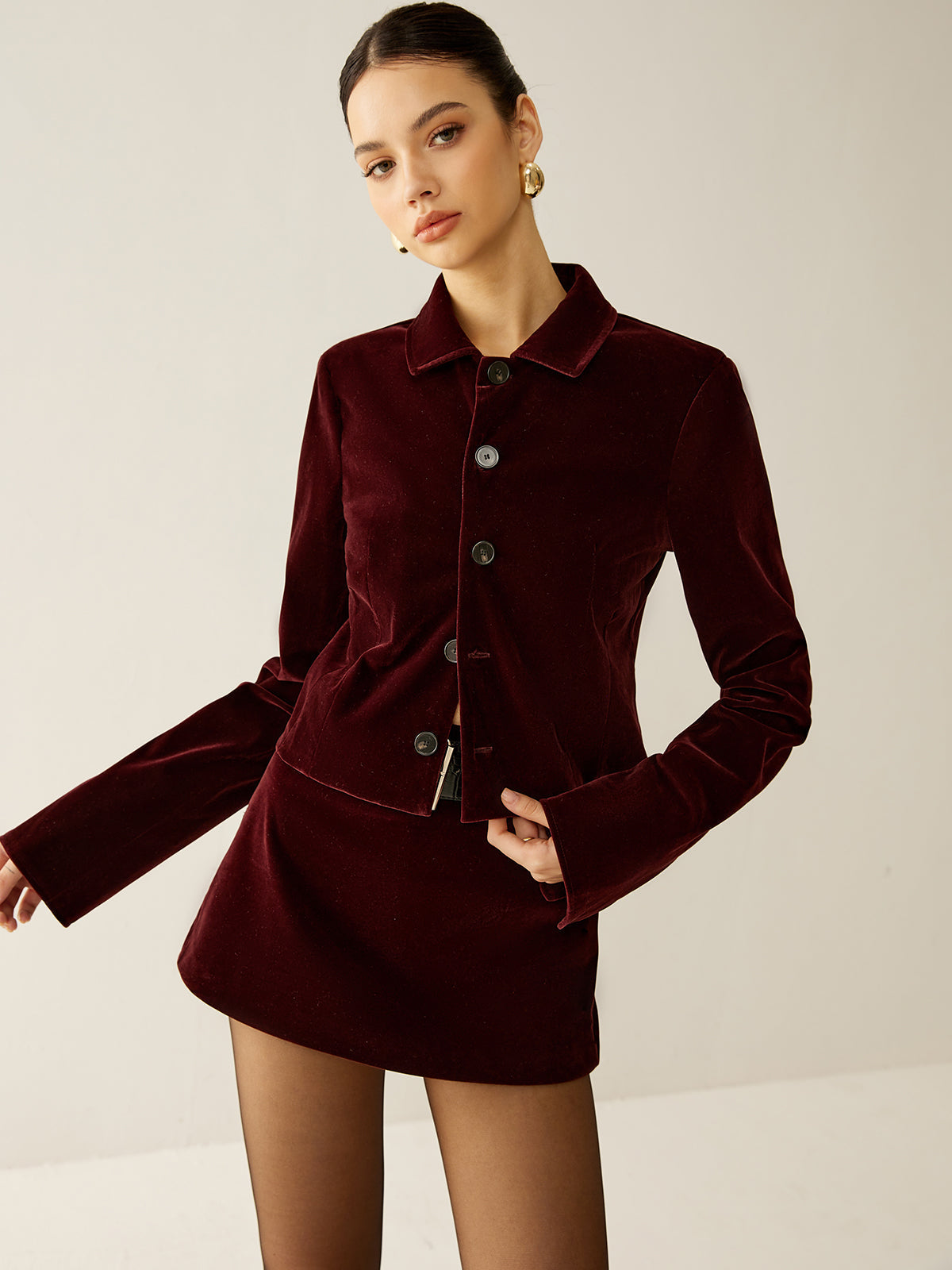 Velvet Top with Long Sleeves and Hip Length, Regular Fit