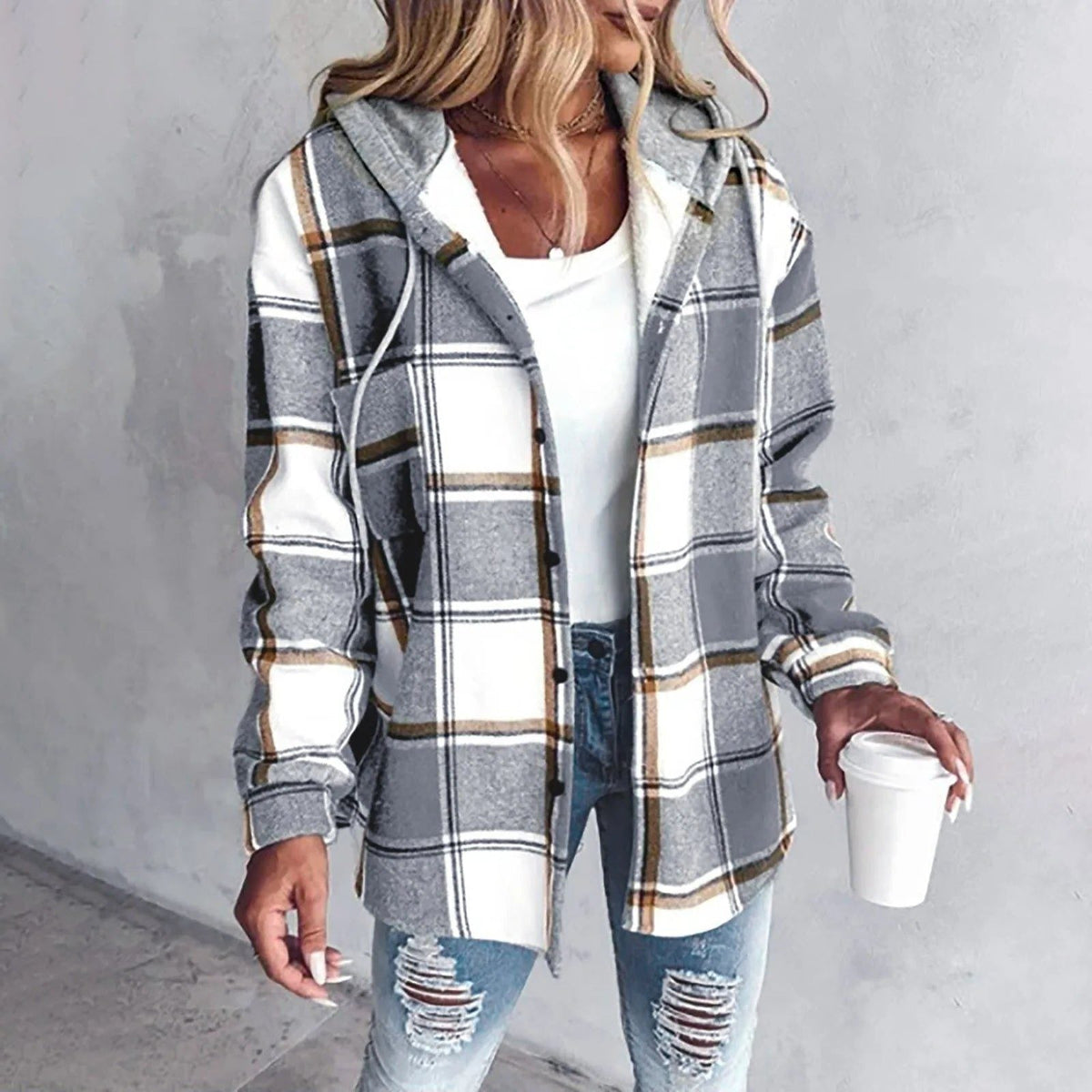 Oversized Plaid Cardigan for Women - Gray