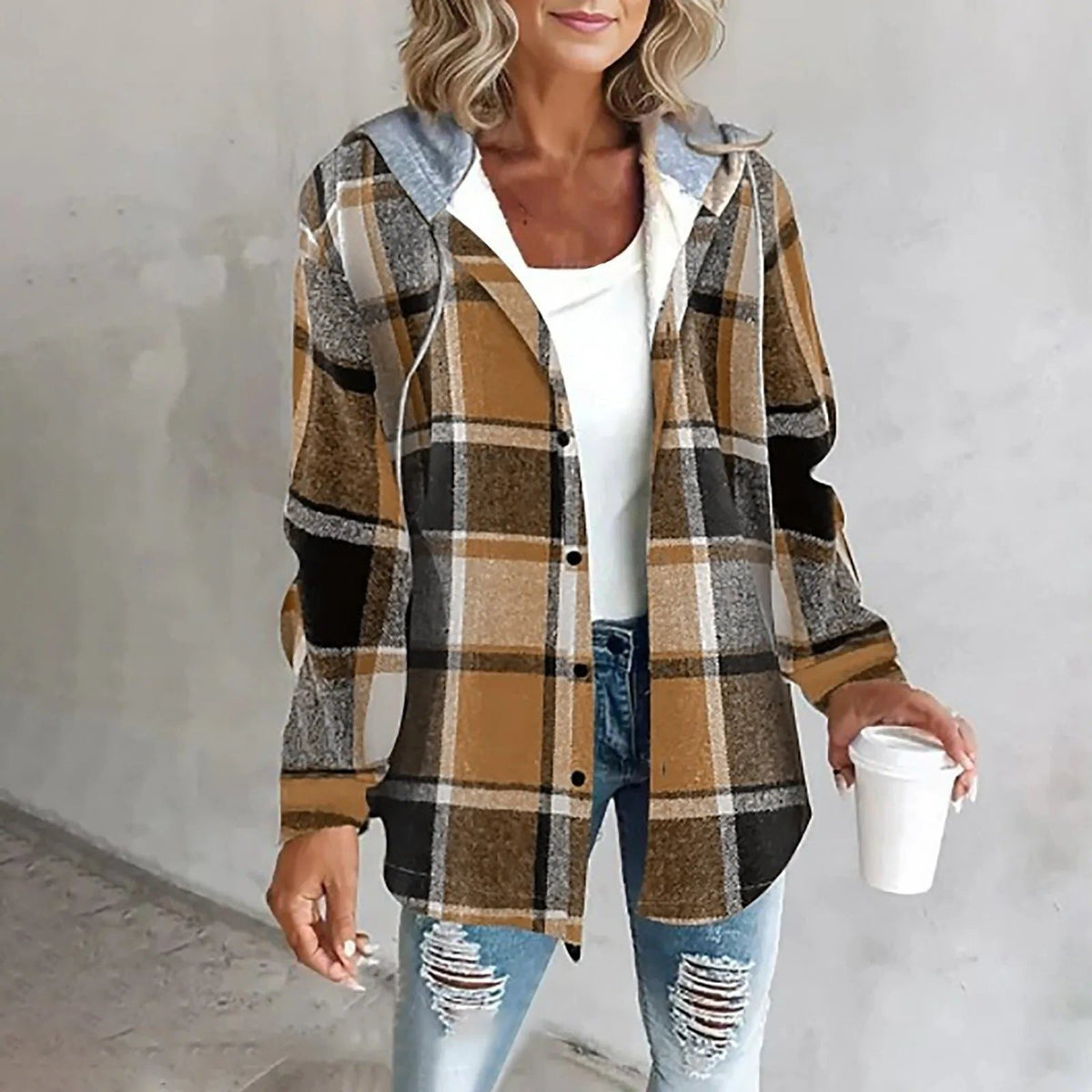 Oversized Plaid Cardigan for Women - Brown