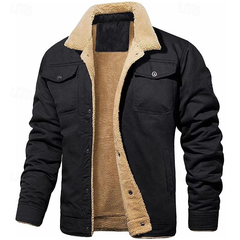 Plush Lined Trucker Jacket with Button Front and Hip Length, Multiple Pockets