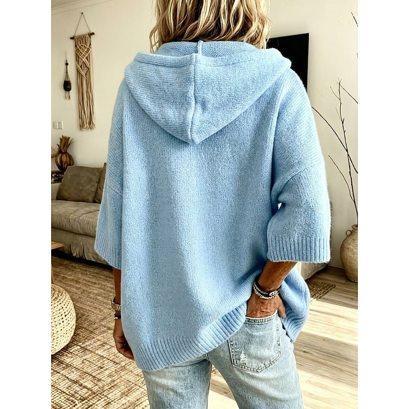 Open Front Hooded Cardigan with Three Quarter Sleeves and Textured Knit