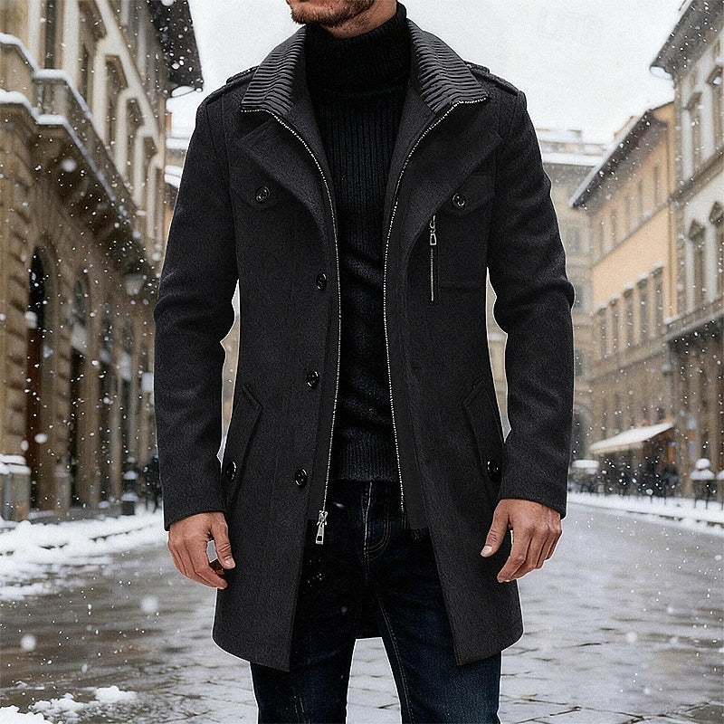 Structured Overcoat with Upright Collar and Deep Side Pockets, Button Front