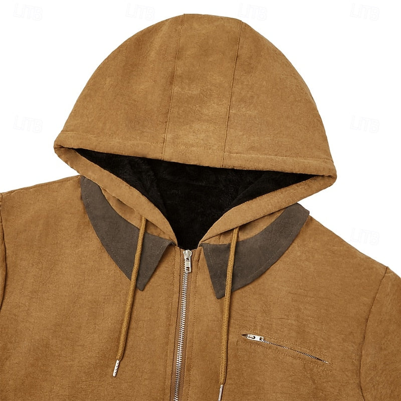 Zip Jacket with Plush Lining and Adjustable Hood, Side Hand Pockets