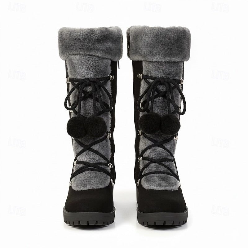 Lace-Up Winter Boots for Women with Fur Trim and Block Heel, Mid Calf