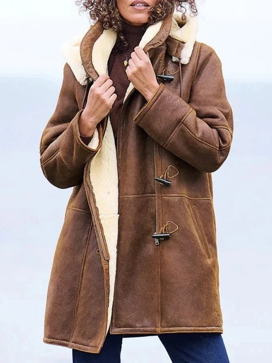 Down Jacket for Women with Integrated Hood and Thigh-Length Coverage