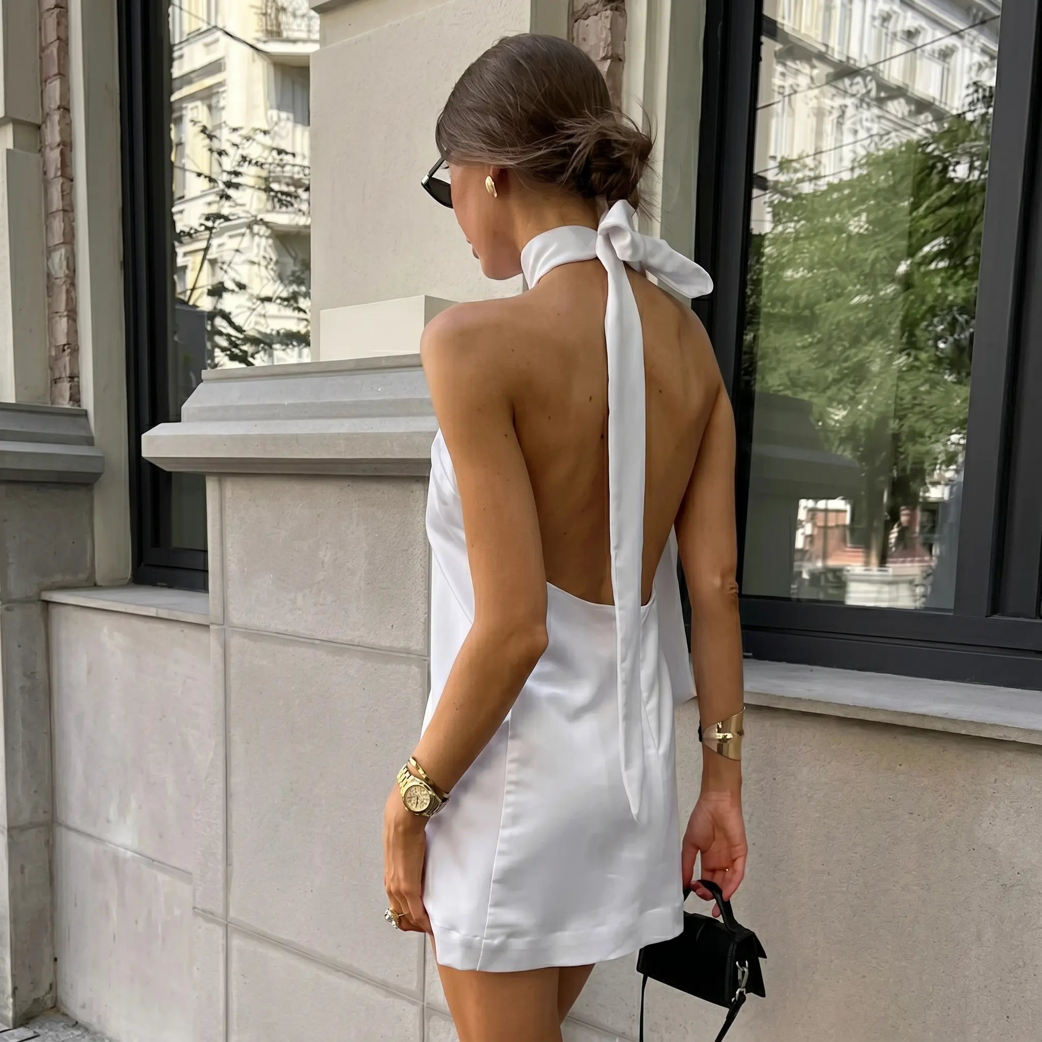 Women's Satin Halter Tie Mini Dress - Backless Sleeveless