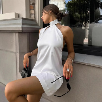 Women's Satin Halter Tie Mini Dress - Backless Sleeveless