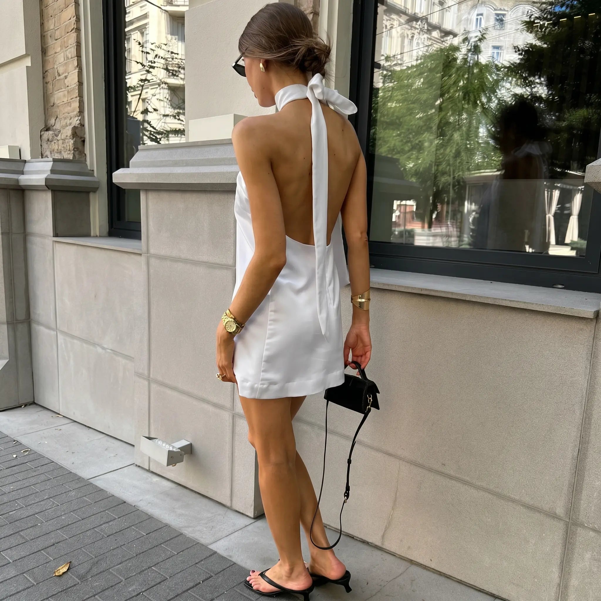 Women's Satin Halter Tie Mini Dress - Backless Sleeveless