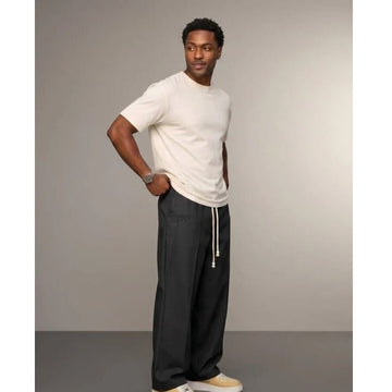 Cotton Blend Wide Leg Pants with Drawstring Waist and Deep Pockets
