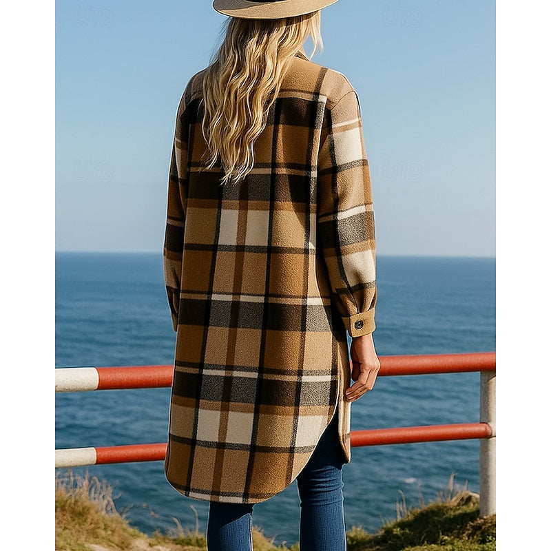 Longline Checked Coat with Button Front and Hip Pockets for Fall Winter