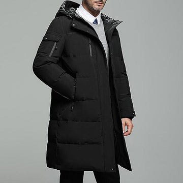 Mid-Thigh Puffer Coat with Drawstring Hood and Zippered Pockets