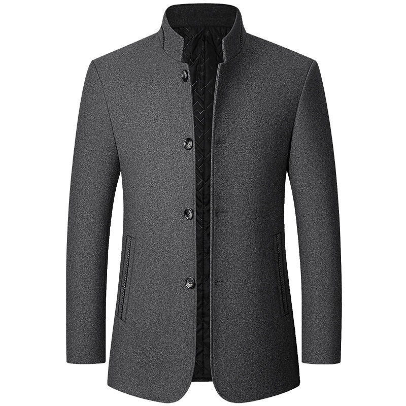 Men's Overcoat with Insulated Lining and Stand Collar, Mid-Thigh Length